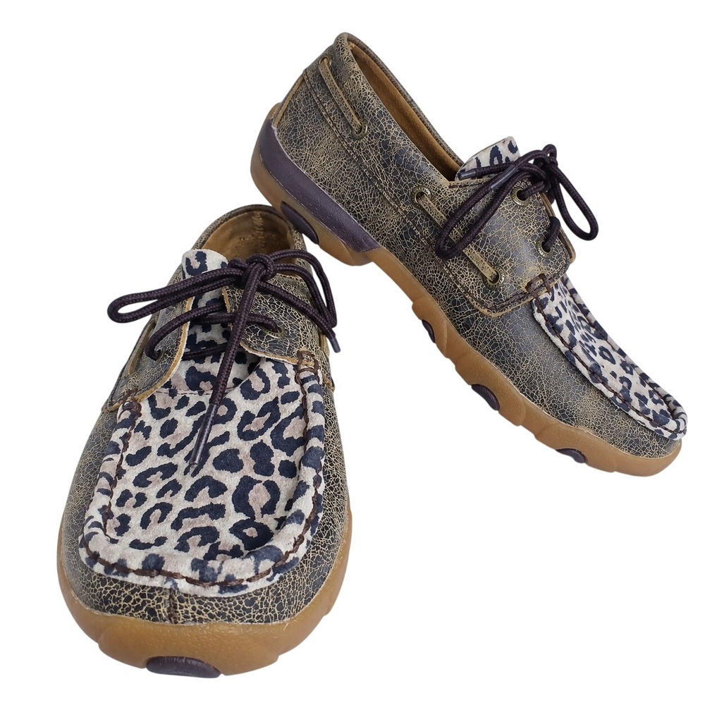 Twisted X WDM0057 Women 8.5M Leopard Leather Driving Moc Western Boho Boat Shoes